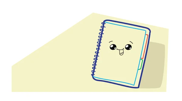 Carino notebook fumetto personaggio con volto sorridente felice emoji kawaii disegnato a mano stile blocco note icona torna al concetto di scuola orizzontale — Vettoriale Stock