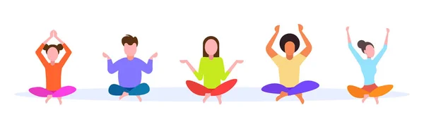 Homens casuais mulheres sentado lótus pose jovens grupo fazendo exercícios de ioga meditação conceito feminino masculino desenhos animados personagens comprimento total horizontal banner plana —  Vetores de Stock