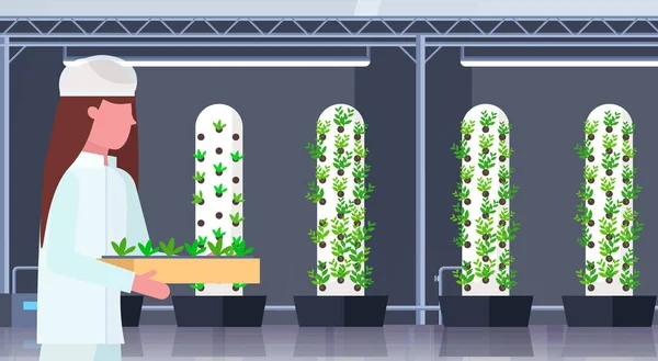 鉢植えの植物の制服を保持している女性農業エンジニア現代の有機垂直農場の屋内農業の概念水平ポートレートフラット — ストックベクタ