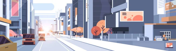 Auto's rijden weg verkeer stedelijke straat wolkenkrabber gebouw uitzicht moderne stadsgezicht achtergrond stad leven concept horizontale platte — Stockvector