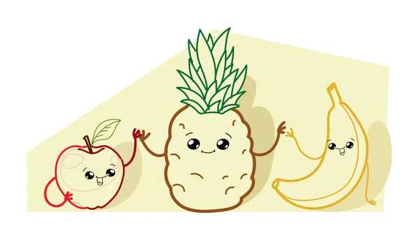 Söt banan äpple och ananas tecknad serie karaktärer hålla händer leende ansikten lycklig Emoji kawaii handritad stil färska frukter hälsosam mat konceptet horisontellt — Stock vektor