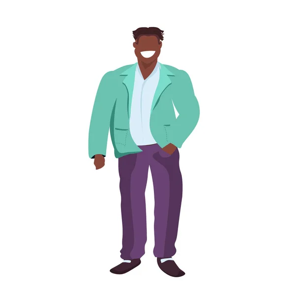 Gordo obeso casual hombre de pie pose sonriente sobrepeso africano americano chico obesidad concepto masculino dibujos animados carácter longitud completa plano blanco fondo — Vector de stock