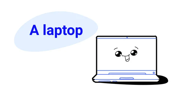 Aranyos laptop karikatúra komikus karakter mosolygós arca boldog Emoji Kawaii kézzel rajzolt stílusban számítógép ikon digitális eszköz berendezések munka-és oktatási koncepció vízszintes — Stock Vector