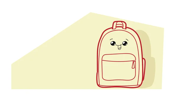 Bonito mochila desenho animado personagem cômico com rosto sorridente feliz emoji kawaii mão desenhada estilo saco escolar com suprimentos de volta ao conceito de escola horizontal — Vetor de Stock