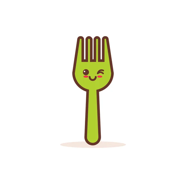 Söt grön stål gaffel tecknad serie karaktär med leende ansikte lycklig Emoji kawaii stil mat matsal koncept — Stock vektor