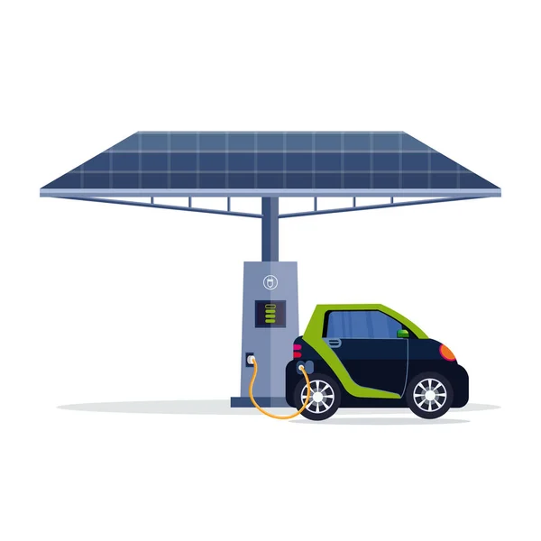 Зарядка електромобіля на електростанції з сонячною панеллю поновлювані екологічні технології концепція чистого транспорту навколишнього середовища — стоковий вектор
