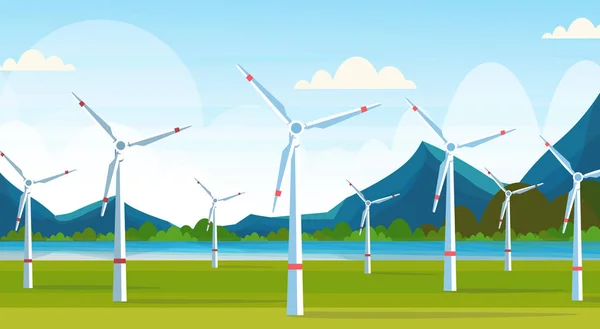 Ветряные турбины поле чистые альтернативные источники энергии возобновляемые источники концепции станции природного ландшафта реки фон плоский горизонтальный — стоковый вектор