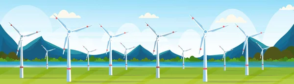 Вітрові турбіни поле чисте альтернативне джерело енергії концепція відновлюваної станції природний ландшафт річки гори фон плоский горизонтальний банер — стоковий вектор