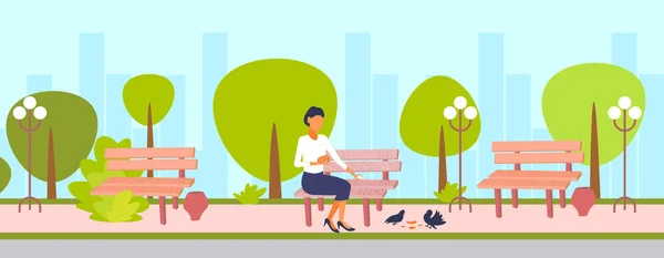 Vrouw voeden kudde van Pigeon brunette meisje zitten houten bank stad stedelijk park stadsgezicht achtergrond vrouwelijke cartoon karakter horizontale platte — Stockvector