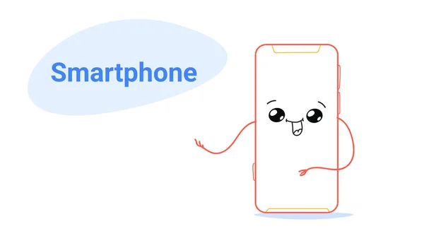 Lindo teléfono inteligente de dibujos animados personaje cómico con la cara sonriente y las manos feliz emoji kawaii dibujado a mano icono de teléfono celular dispositivo digital gadget móvil concepto horizontal — Vector de stock