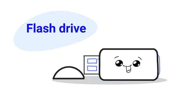 Niedlich flash drive cartoon comic figur mit lächelndem gesicht glücklich emoji kawaii hand gezeichnet style digital memory disk concept horizontal — Stockvektor