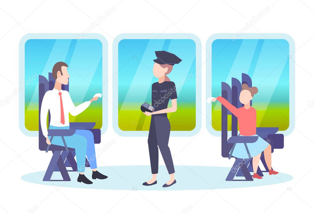 inspector woman checking tickets of passengers sitting in train compartment ticket validation concept railway transport traveling flat full length horizontal