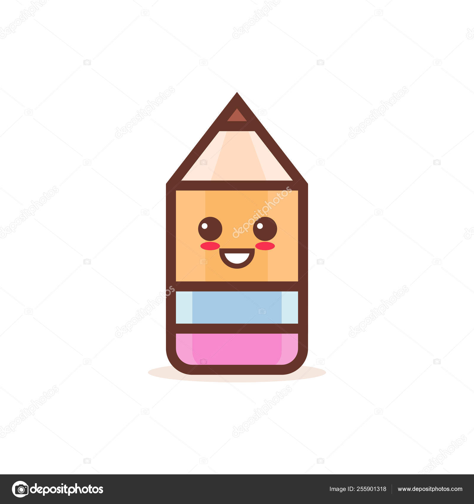 Cute wooden pencil rubber eraser cartoon comic character with smiling
