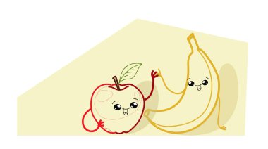 el elma gülümseyen karikatür kavramı komik kırmızı mutlu muz sarı sağlıklı stil taze yatay yiyecek çizilmiş