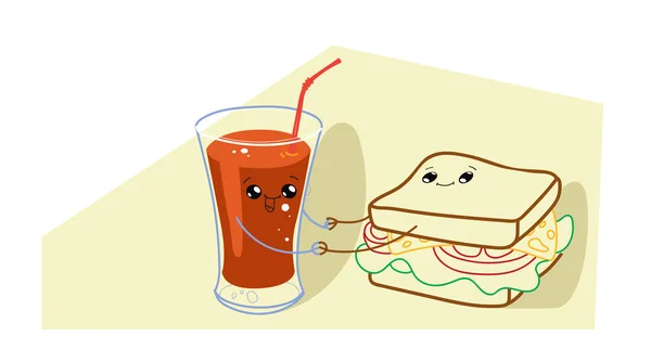 Sanduíche bonito com suco de tomate desenhos animados personagens cômicos com rostos sorridentes saborosos fast food feliz emoji kawaii mão desenhada estilo fast food conceito horizontal — Vetor de Stock