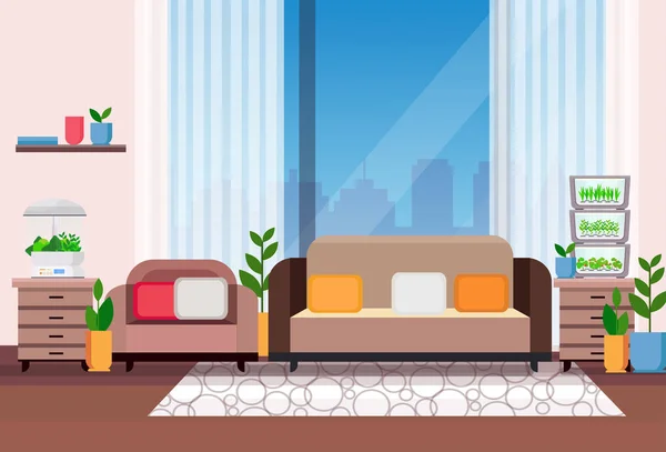 Moderno apartamento sala de estar interior con hogar terrario electrónico contenedor de vidrio casa plantas concepto de crecimiento plano horizontal — Vector de stock