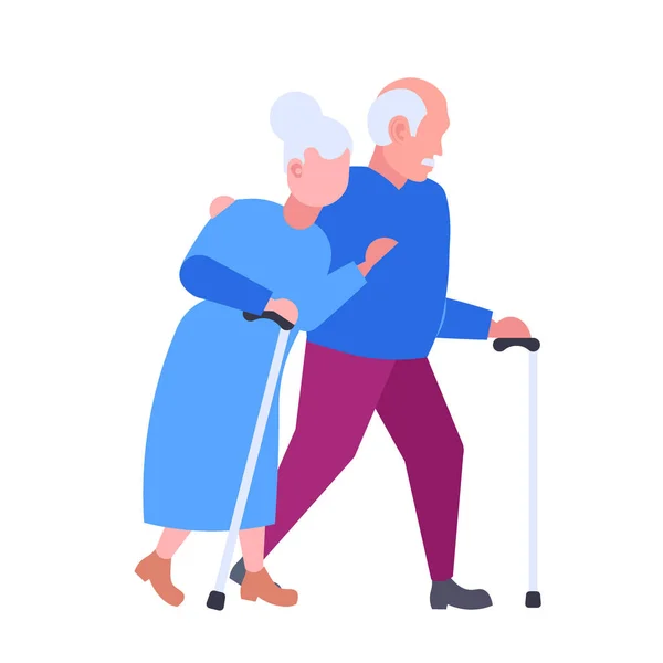 Senior äldre par går tillsammans åldrad gråhåriga man kvinna omfamna lyckliga mor föräldrar i kärlek gemenskap koncept platta tecknade karaktärer full längd — Stock vektor