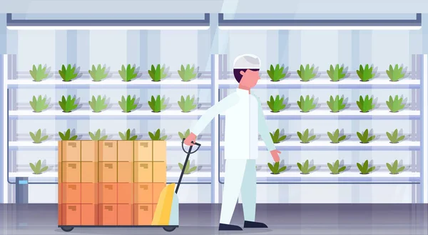 Hombre ingeniero de agricultura en uniforme de transporte de transpaletas con cajas de cartón moderna granja vertical orgánica interior plantas verdes creciente concepto de la industria agrícola horizontal plana — Archivo Imágenes Vectoriales