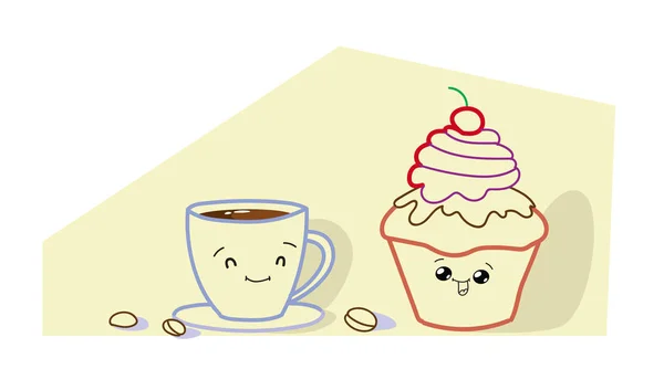 Gâteau muffin mignon avec tasse de café personnages de bande dessinée souriants visages savoureux cupcake et boisson chaude heureux emoji kawaii style dessiné à la main boulangerie sucrée délicieux concept de petit déjeuner horizontal — Image vectorielle