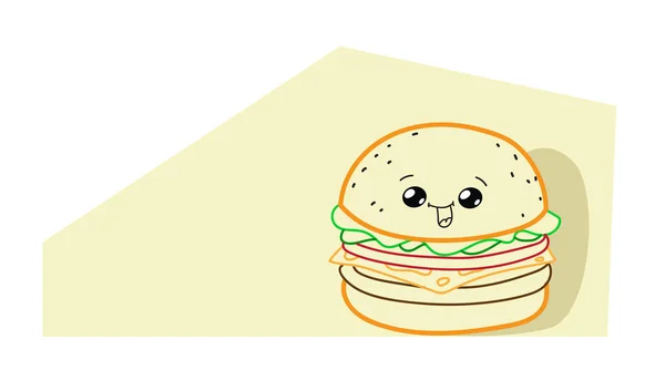 Lindo hamburguesa historieta personaje cómico con cara sonriente sabroso fastfood feliz emoji kawaii mano dibujado estilo clásico americano fast food concepto horizontal — Archivo Imágenes Vectoriales