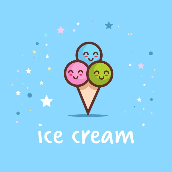 Cute Ice Cream Cone cartoon komische karakter met glimlachend gezicht smakelijk ijs gelukkig Emoji kawaii stijl zoete dessert Food concept — Stockvector