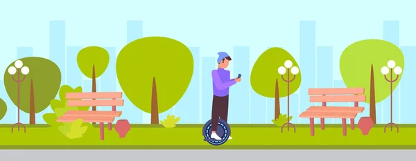 Casual man rijden mono wiel met behulp van smartphone Guy hipster op monowheel eco vriendelijke alternatieve persoonlijke vervoer concept stad Urban Park stadsgezicht achtergrond horizontaal — Stockvector
