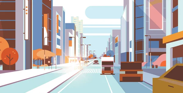 รถยนต์ขับรถการจราจรบนถนนในเมืองตึกระฟ้าวิวภูมิทัศน์โมเดิร์นแนวคิดชีวิตเมืองแนวราบ — ภาพเวกเตอร์สต็อก