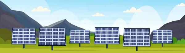 Solar panels field clean alternative energy source renewable station photovoltaic district concept natural landscape mountains background flat horizontal banner — Stock Vector