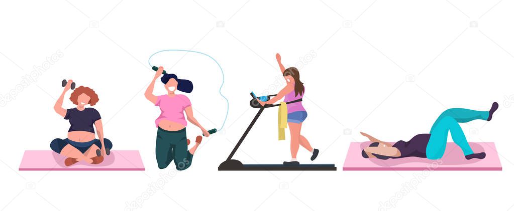 fat obese women doing different exercises overweight girls training aerobic workout weight loss concept flat white background horizontal