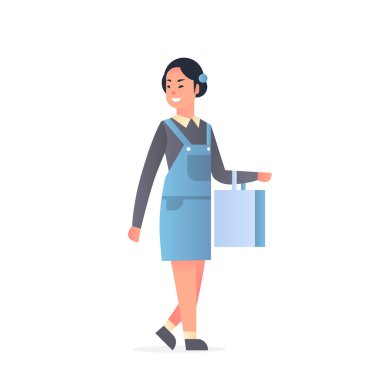 Genç Asyalı kız gündelik giysiler içinde mutlu çekici kadın alışveriş çantası taşıyor Çinli ya da Japon kadın çizgi film karakteri düz beyaz arka plan