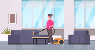 ev hanımı temizlik koltuk elektrikli süpürge gülümseyen kız ev işi kavramı modern daire oturma odası iç kadın çizgi film karakter tam uzunlukta yatay yapıyor