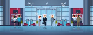 para çekmek için kuyruk kuyruk ayakta insanlar Atm nakit makine kimlik gözetim cctv yüz tanıma kavramı iş merkezi salonu iç güvenlik kamera sistemi yatay