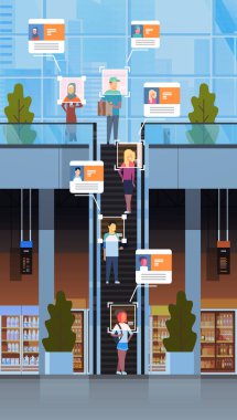 perakende mağaza ziyaretçiler merdiven yürüyen merdiven kimlik yüz tanıma kavramı modern alışveriş merkezi iç güvenlik kamera gözetim cctv sistemi dikey tam uzunlukta hareketli