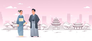 asya çift geleneksel giysi erkek kadın giyen antik kostüm birlikte pagoda binalar manzara zemin tam uzunlukta yatay üzerinde Çince veya Japonca karakterler ayakta