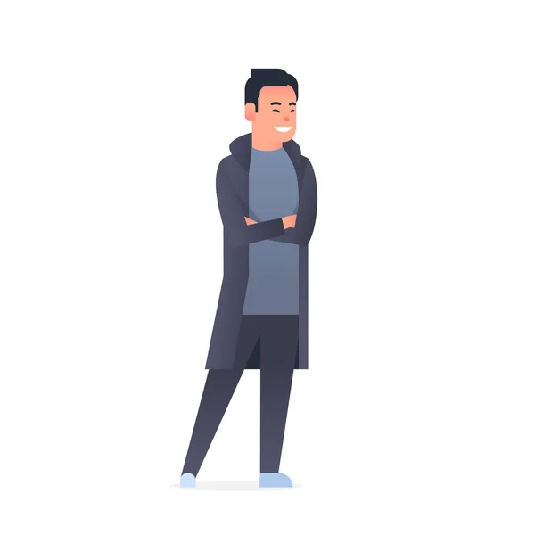 Young asian guy wearing casual clothes happy attractive man crossed arms standing pose chinese or japanese male cartoon character full length flat white background — 스톡 벡터