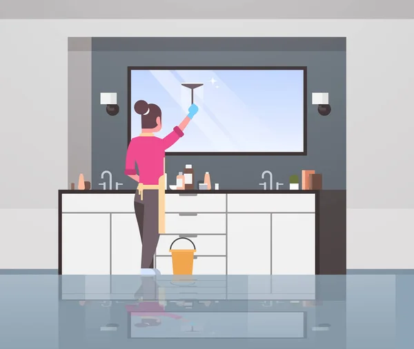 Háziasszony a kesztyűt és kötény tisztítás tükör rakli nő csinál házimwork koncepció modern fürdőszoba belső hátsó nézet női rajzfilmfigura teljes hosszúságú lakás — Stock Vector