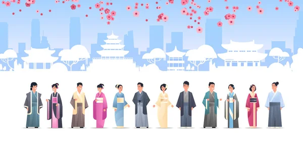 Азиатские люди grroup в традиционной одежде мужчины женщины в древних костюмах стоя вместе китайские или японские символы над пагода зданий ландшафтного фона по всей длине горизонтальной — стоковый вектор