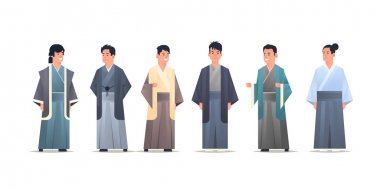 ulusal antik kostümleri ayakta geleneksel giysiler gülümseyen erkekler giyen set asya çocuklar poz Çince veya Japon erkek çizgi film karakterleri tam uzunlukta düz beyaz arka plan yatay