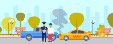 kırık araç çarpışma kavramı polis yazılı rapor cityscape arka plan düz yatay üzerinde duran polis memuru ile yol sürücüsü üzerinde araba kazası kaza