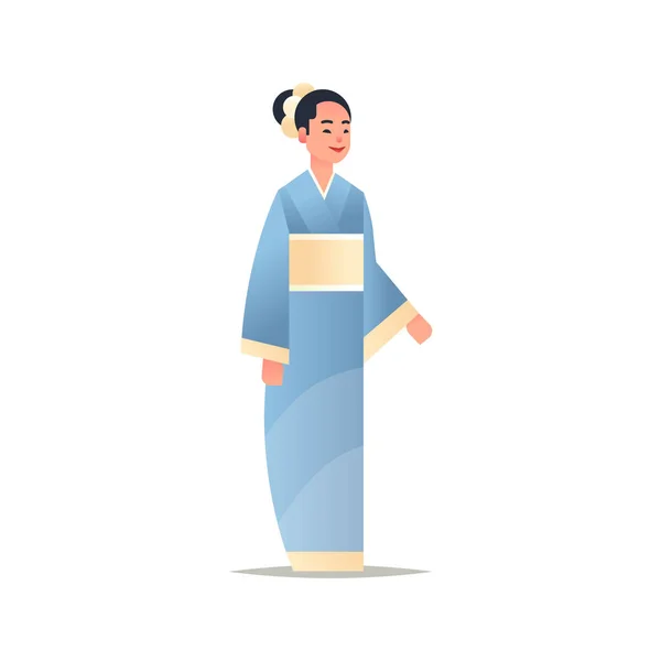 Joven asiático chica usando tradicional vestido atractivo mujer en nacional antiguo traje de pie pose chino o japonés femenino dibujos animados carácter completo longitud plana blanco fondo — Vector de stock