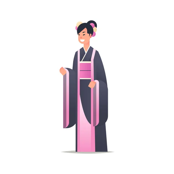 Joven asiático chica usando tradicional vestido atractivo mujer en nacional antiguo traje de pie pose chino o japonés femenino dibujos animados carácter completo longitud plana blanco fondo — Vector de stock