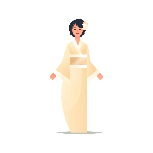 Jovem asiático menina vestindo tradicional vestido atraente mulher no nacional antigo traje de pé pose chinês ou japonês feminino desenho animado personagem completo comprimento plano branco fundo — Vetor de Stock