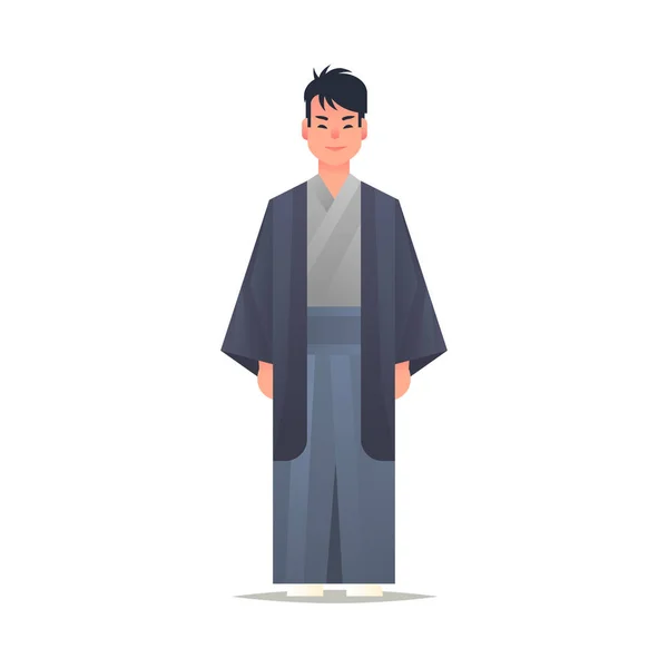 Asiático chico usando tradicional ropa sonriente hombre en nacional antiguo traje de pie pose chino o japonés masculino dibujos animados carácter completo longitud plana blanco fondo — Vector de stock