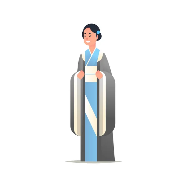 Joven asiático chica usando tradicional vestido atractivo mujer en nacional antiguo traje de pie pose chino o japonés femenino dibujos animados carácter completo longitud plana blanco fondo — Vector de stock