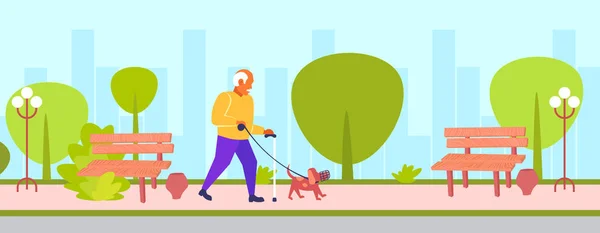Старший мужчина гуляя с собакой в наморднике лучший друг концепция дедушка и животное домашнее животное весело городской парк городской пейзаж фон полная горизонтальная квартира — стоковый вектор