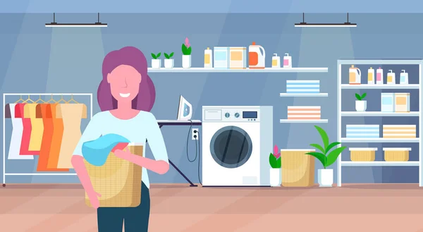 Woman holding basket with dirty clothes housewife doing housework laundry room interior cartoon character portrait flat horizontal — 스톡 벡터