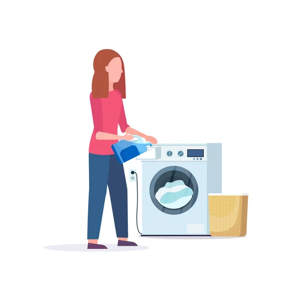 Woman pouring powder gel into washing machine housewife doing housework laundry room cartoon character full length flat white background — 스톡 벡터