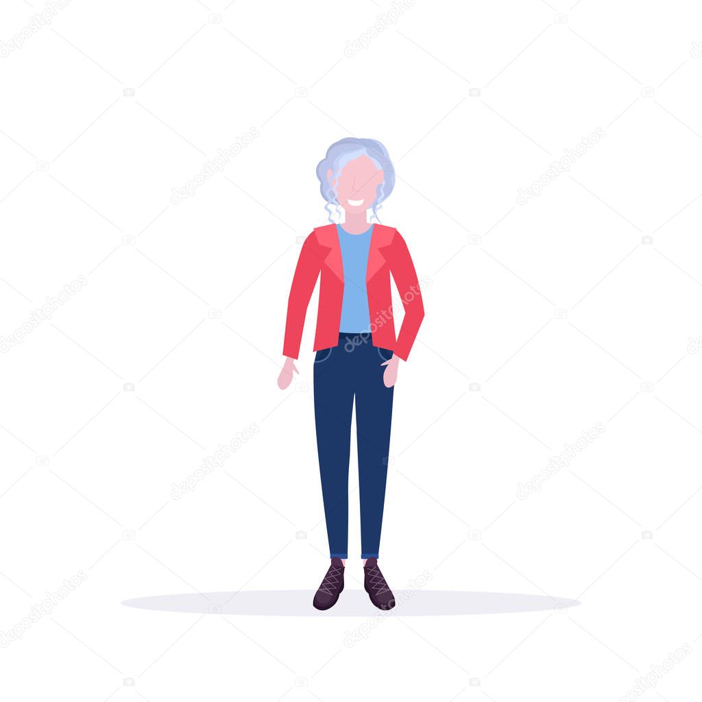casual mature woman standing pose smiling senior lady wearing trendy clothes female cartoon character full length flat white background