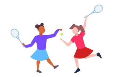 mix yarış kız öğrenciler spor içinde tenis çift schoolchildren oynayan eğlenceli beyaz arka plan düz tam uzunlukta yatay sahip