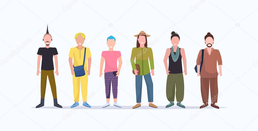 happy casual men standing together smiling guys with different hairstyles wearing trendy clothes male cartoon characters full length flat white background horizontal